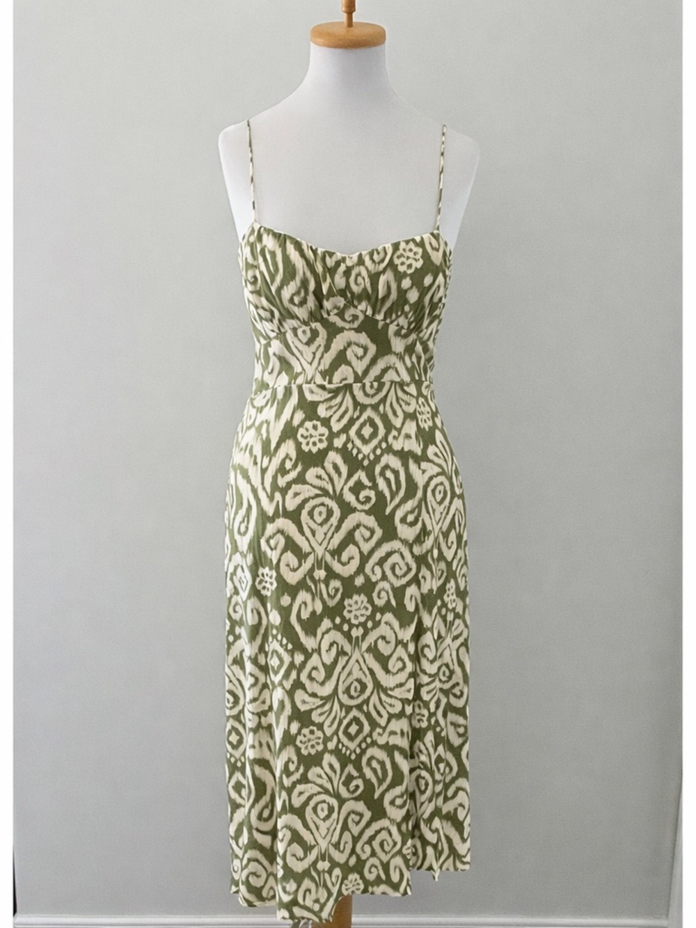 Zara Green Corset Midi Dress Slit Tie Back Abstract Print L - Picture 4 of 6
